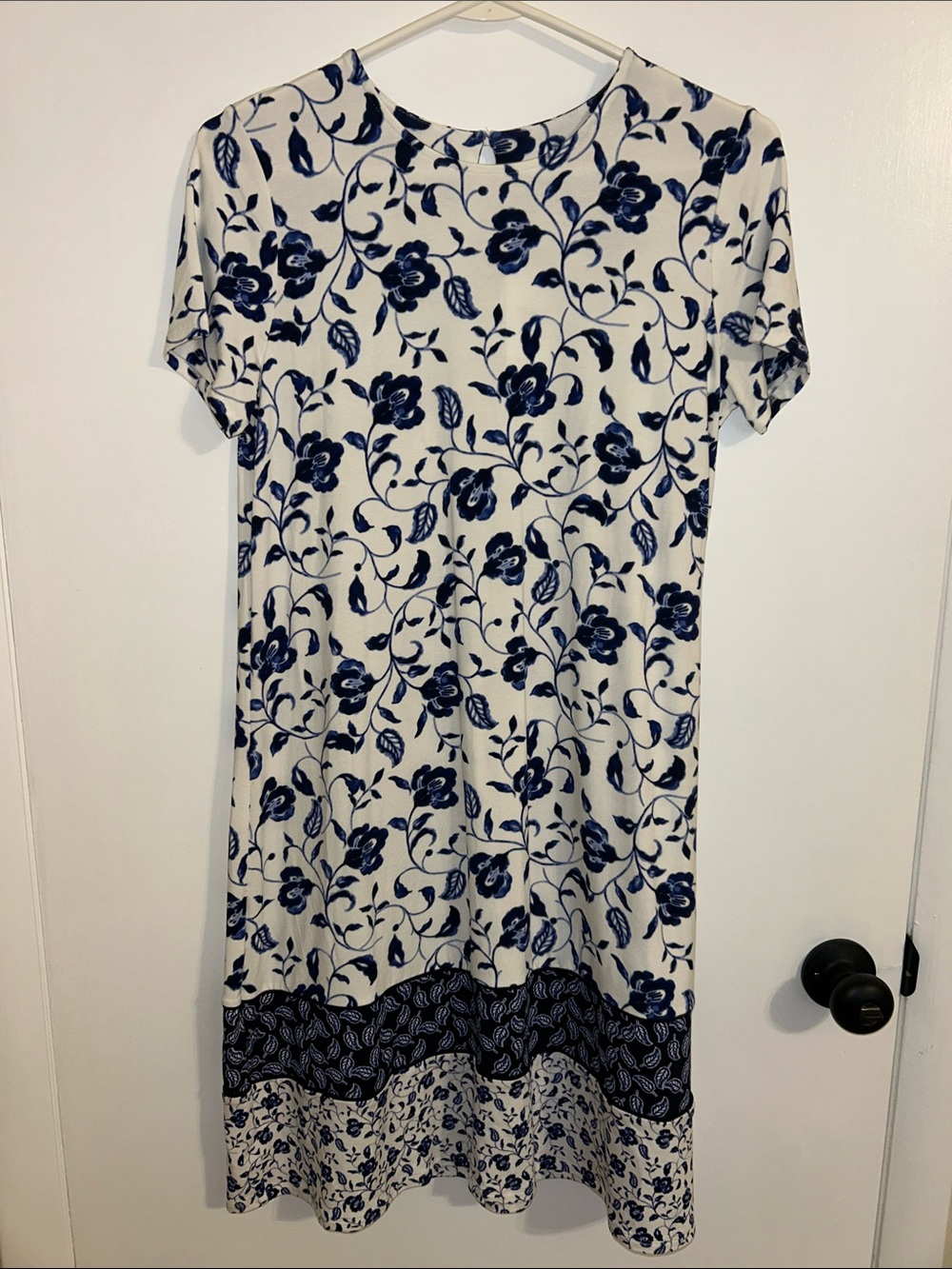 J. Jill Cream Midi Dress with Navy Floral Print and Border